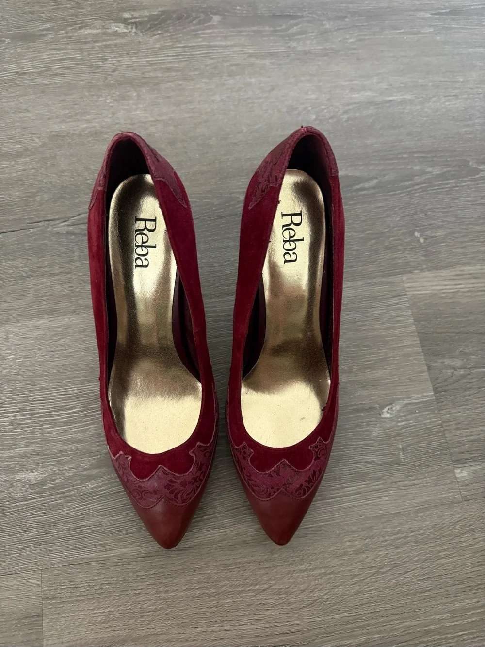 Reba Burgundy Pointed-Toe Mixed-Material Pumps